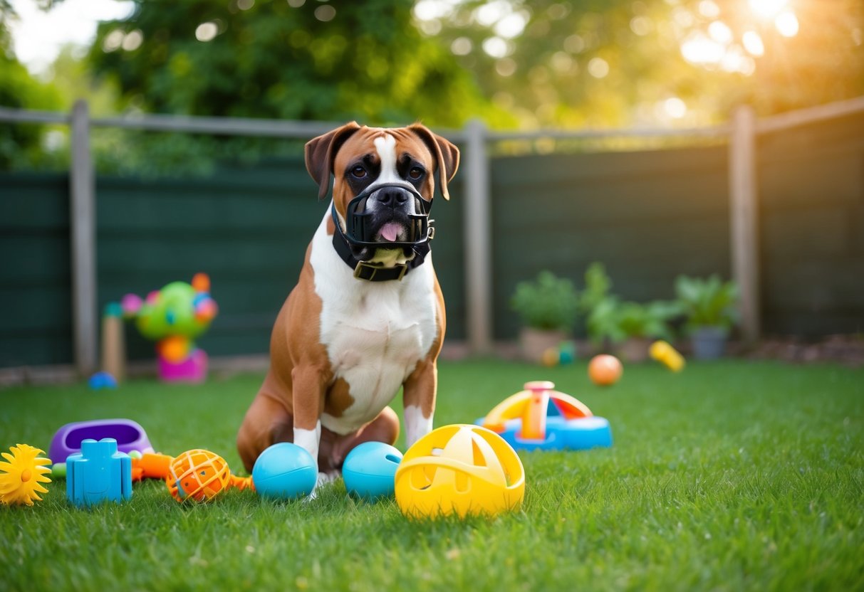 A boxer dog wearing a muzzle in a fenced garden with a variety of toys and activities to distract from digging