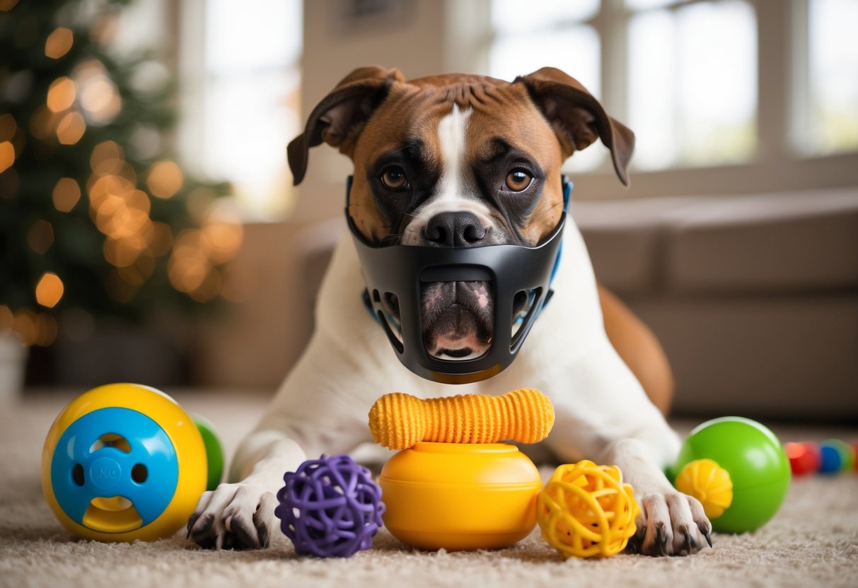 A boxer wearing a muzzle while surrounded by toys and chew-proof objects