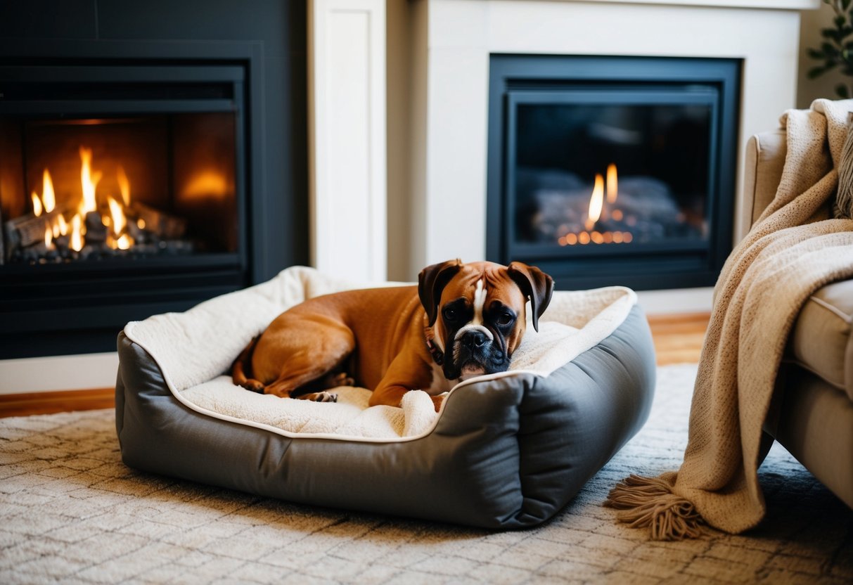 A cozy living room with a soft dog bed next to a crackling fireplace, with a warm blanket draped over the sleeping boxer dog