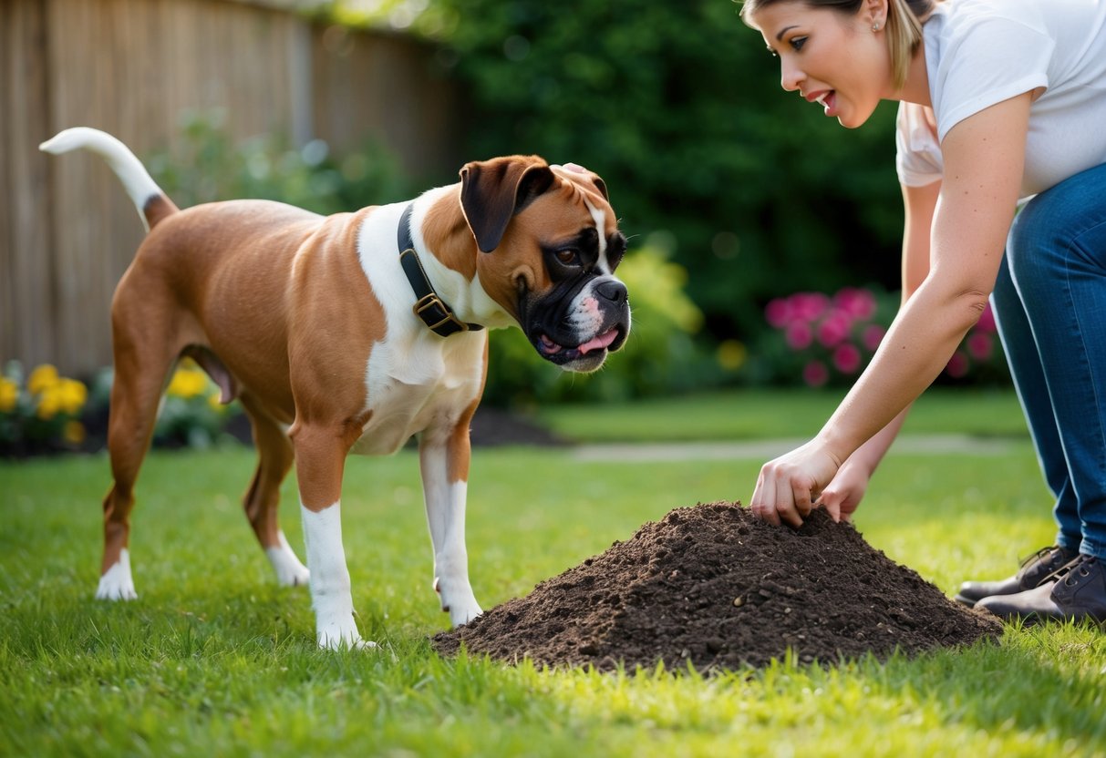 A boxer dog digging in a garden, with a frustrated owner trying to redirect its attention to a designated digging area