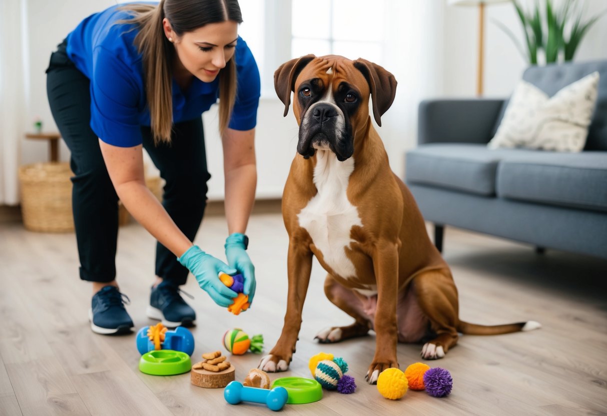 A boxer dog sits attentively, surrounded by various engaging toys and treats. A trainer uses positive reinforcement to redirect the dog's attention away from chewing on inappropriate objects