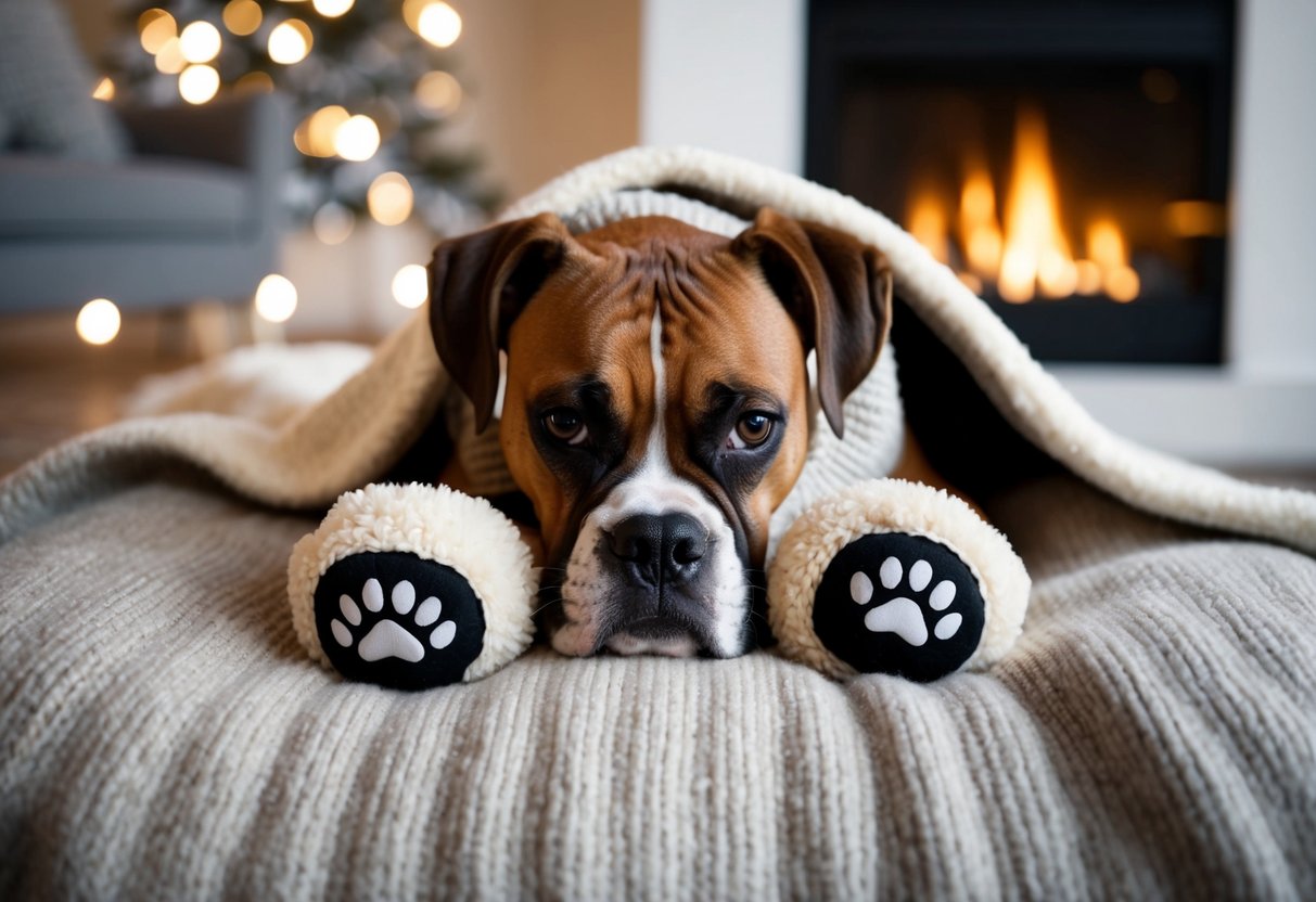 A boxer dog wearing cozy paw booties and a warm sweater, snuggled up in a soft blanket by the fireplace on a chilly winter day