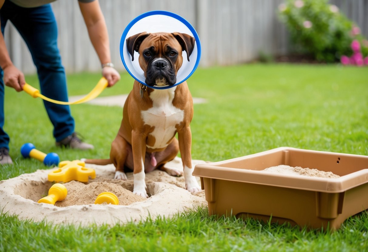 A boxer dog wearing a cone collar, surrounded by chew toys and a sandbox, while a person fills in existing holes in the yard