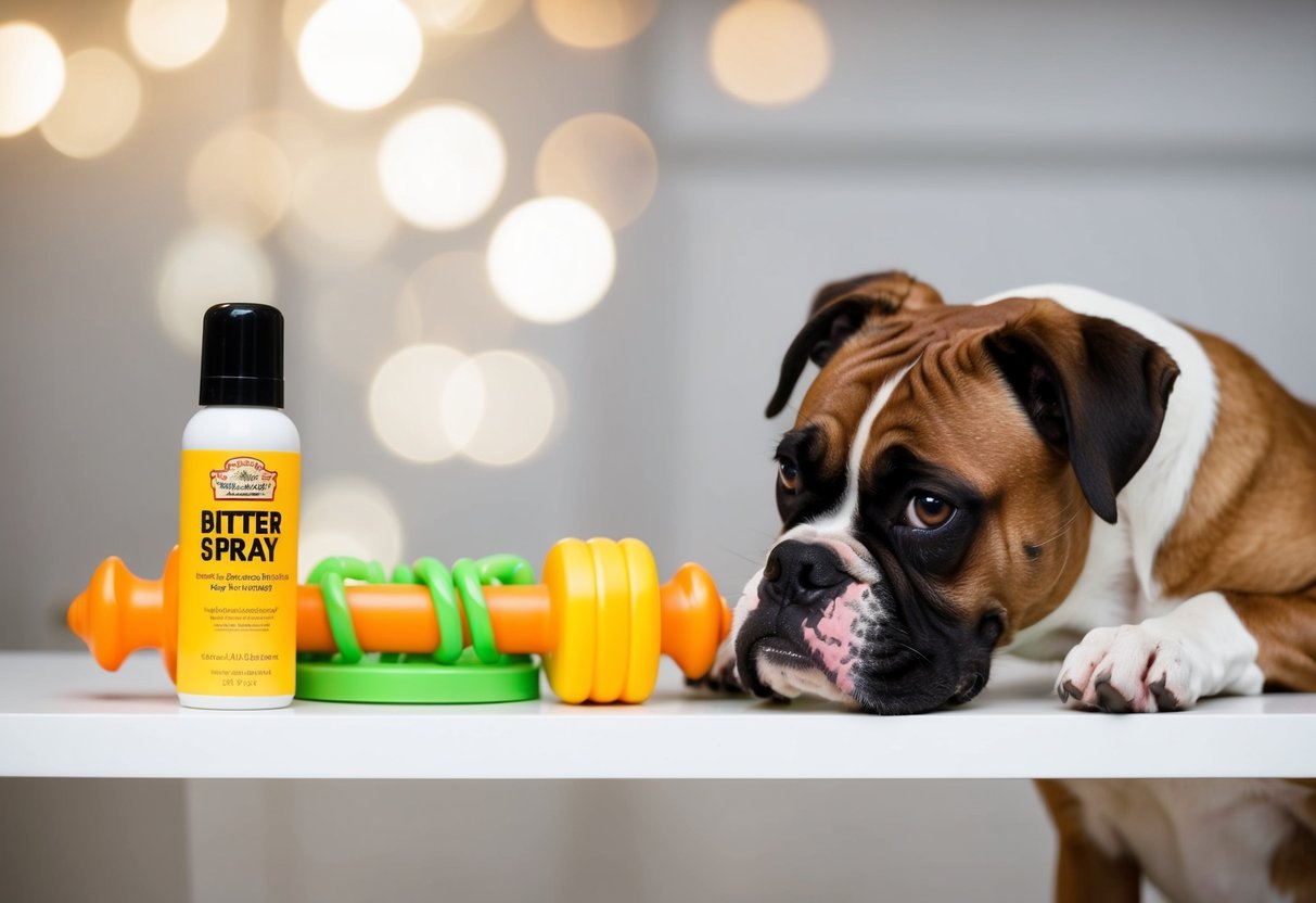 A sturdy chew toy and bitter spray sit on a shelf, while a mischievous boxer eyes the forbidden items