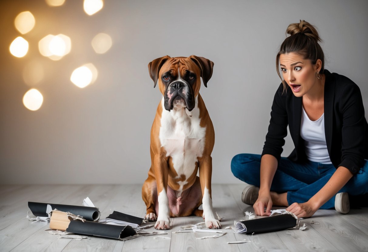 A boxer dog sits surrounded by torn objects, while a frustrated owner looks on