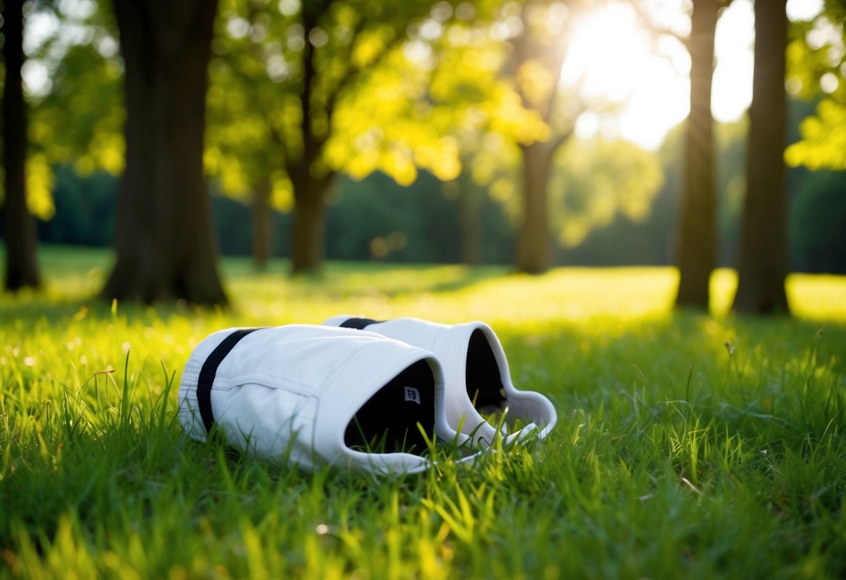 A pair of boxers lies abandoned on the grass, surrounded by trees and sunlight