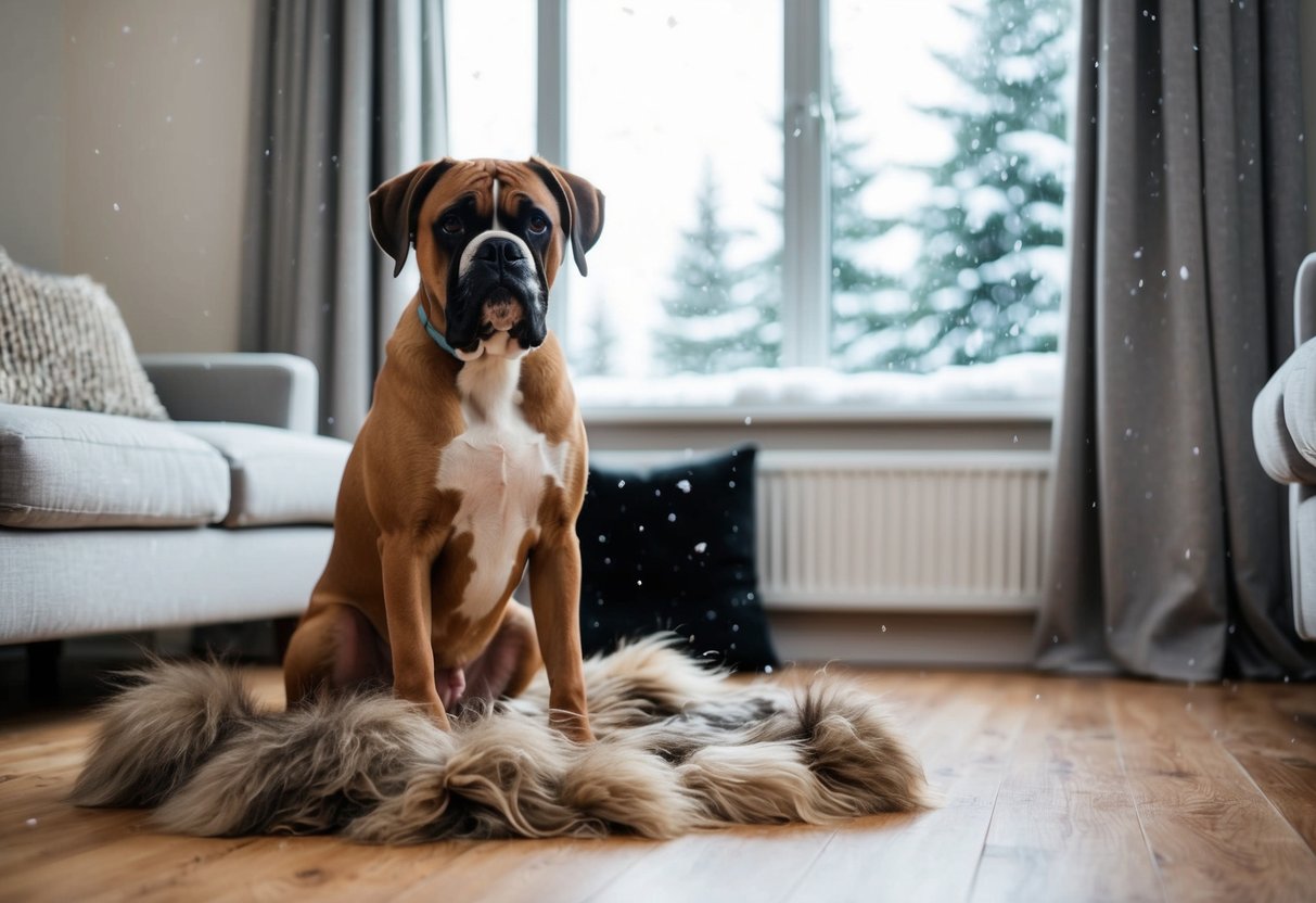 A boxer dog sits in a cozy living room, surrounded by fluffy fur tufts. Snow falls outside the window, and a pile of shed fur collects on the floor