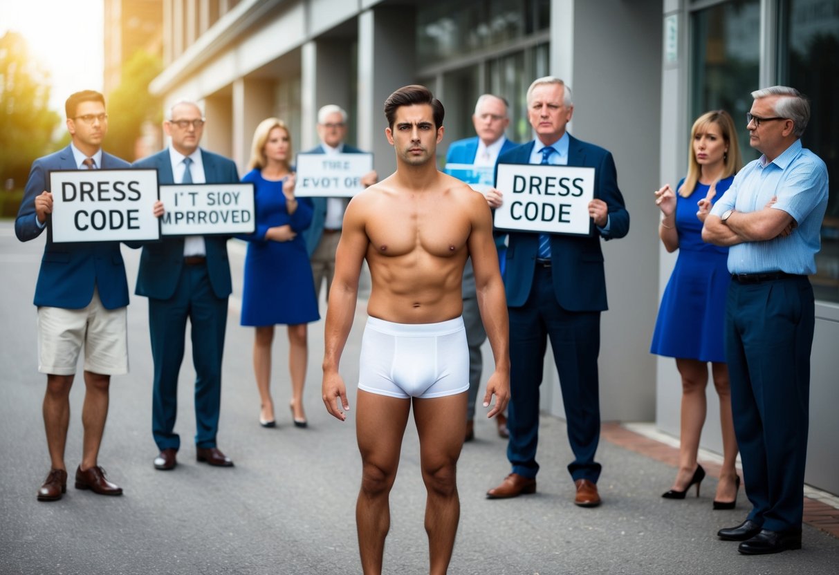 A person standing outside in boxers, surrounded by disapproving onlookers and signs with dress code rules