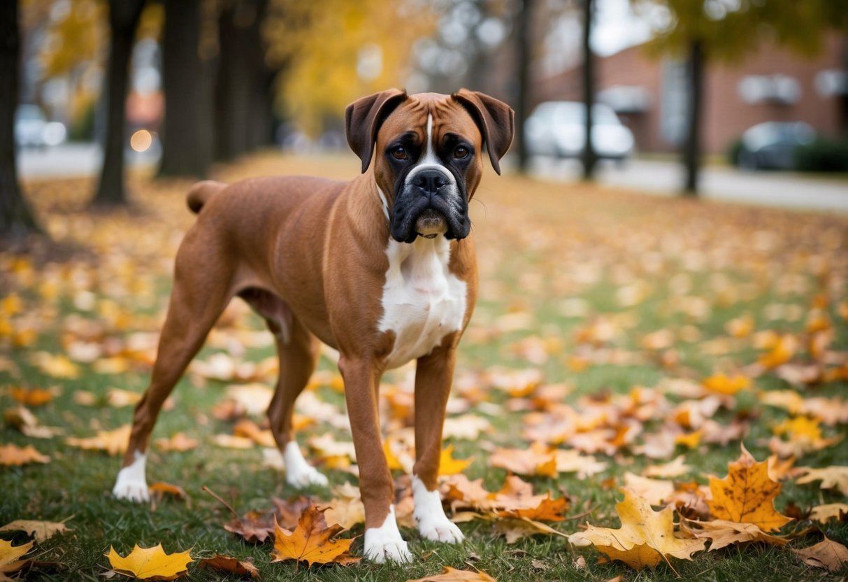 A boxer dog shedding its fur in the fall, with leaves scattered around