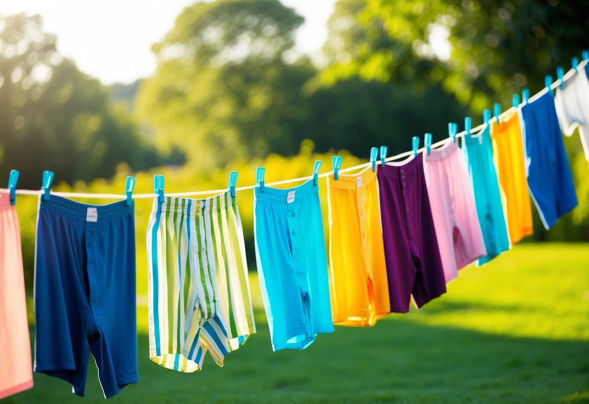 A sunny outdoor scene with a clothesline featuring a variety of colorful boxer shorts hanging to dry