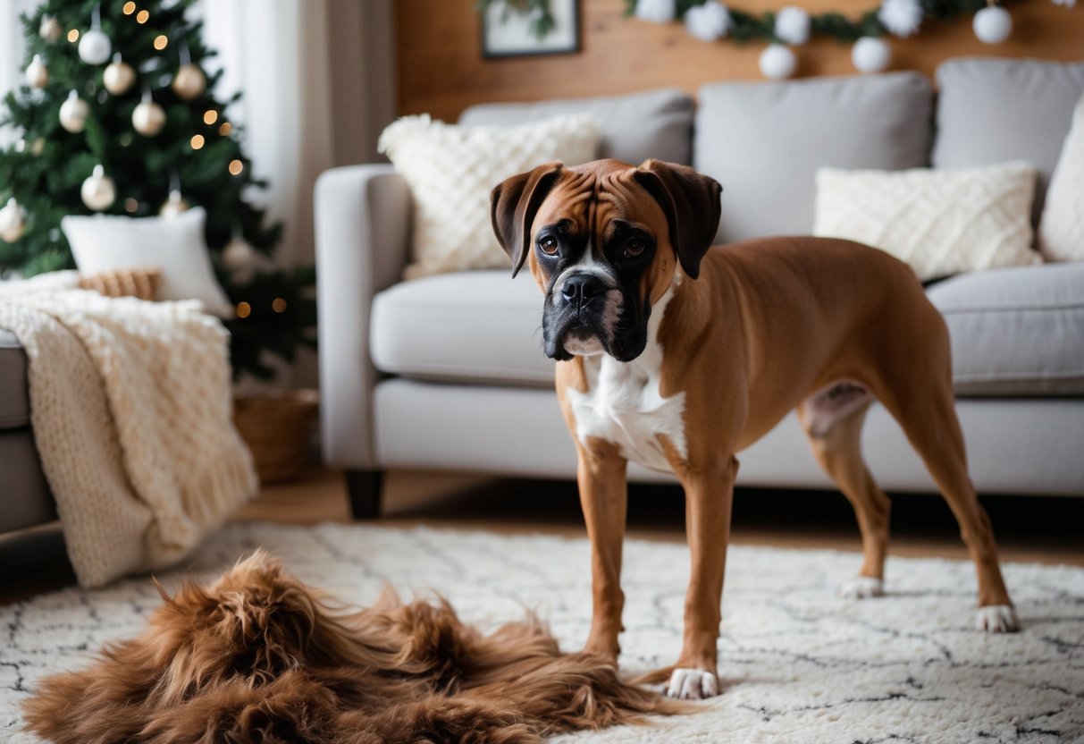A boxer dog sheds its fur in a cozy living room, surrounded by winter-themed decorations and a pile of fur on the floor