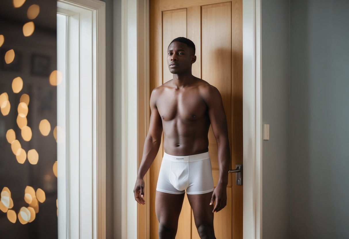 A person standing at a door, wearing boxers, looking uncertain
