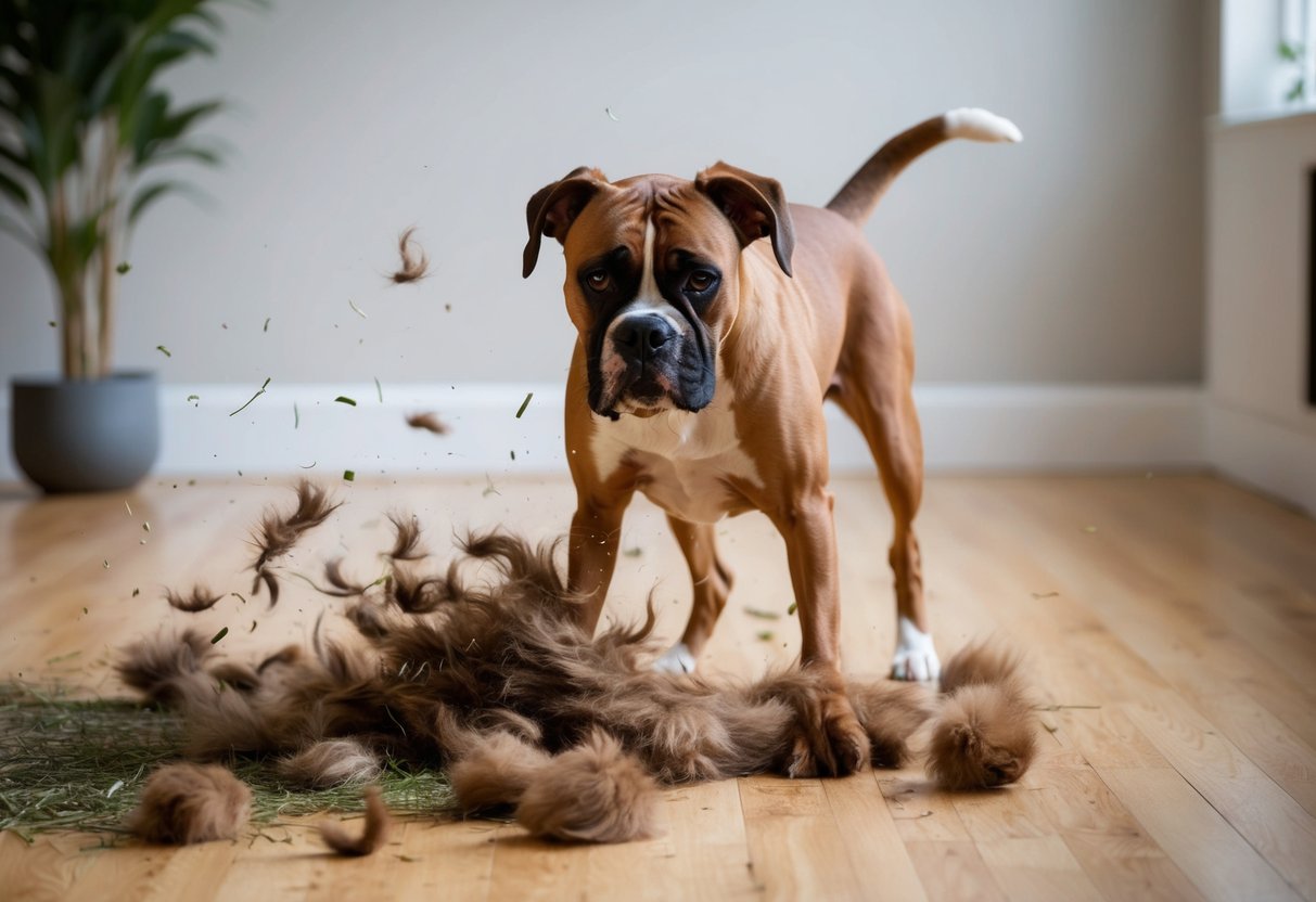 A boxer dog sheds its thick coat in the spring, scattering tufts of fur across the floor as it shakes and scratches