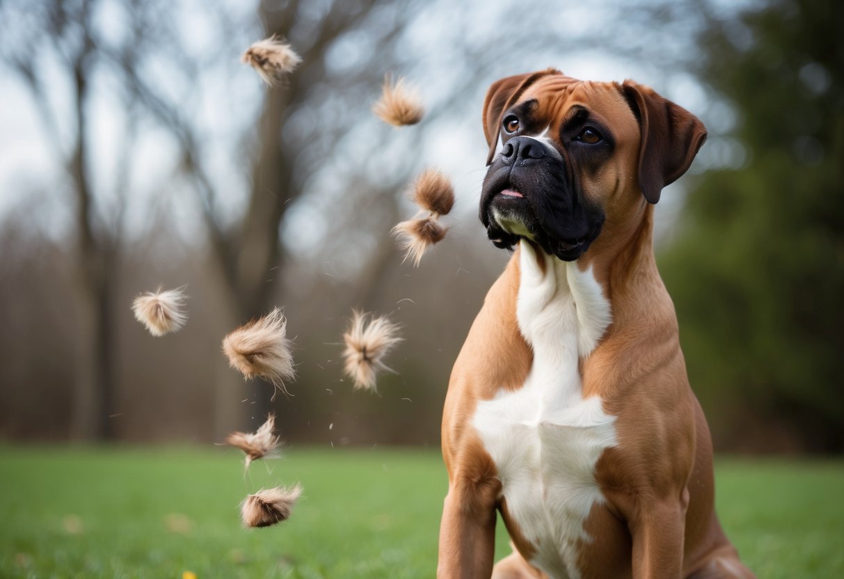 A boxer dog sheds its fur during the spring season, with tufts of hair floating in the air as the dog shakes off its coat