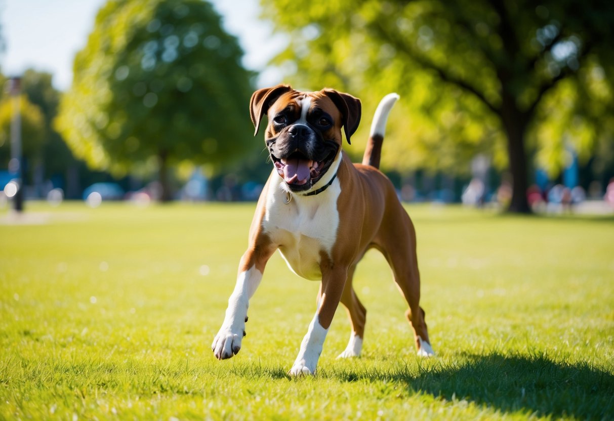 A Boxer dog plays in a sunny park, wagging its tail happily