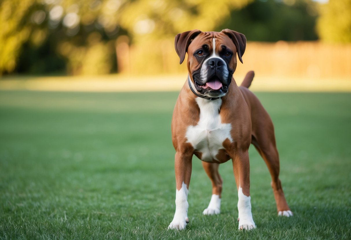 A boxer dog confidently stands with a wagging tail and alert expression, showcasing its strong and muscular build