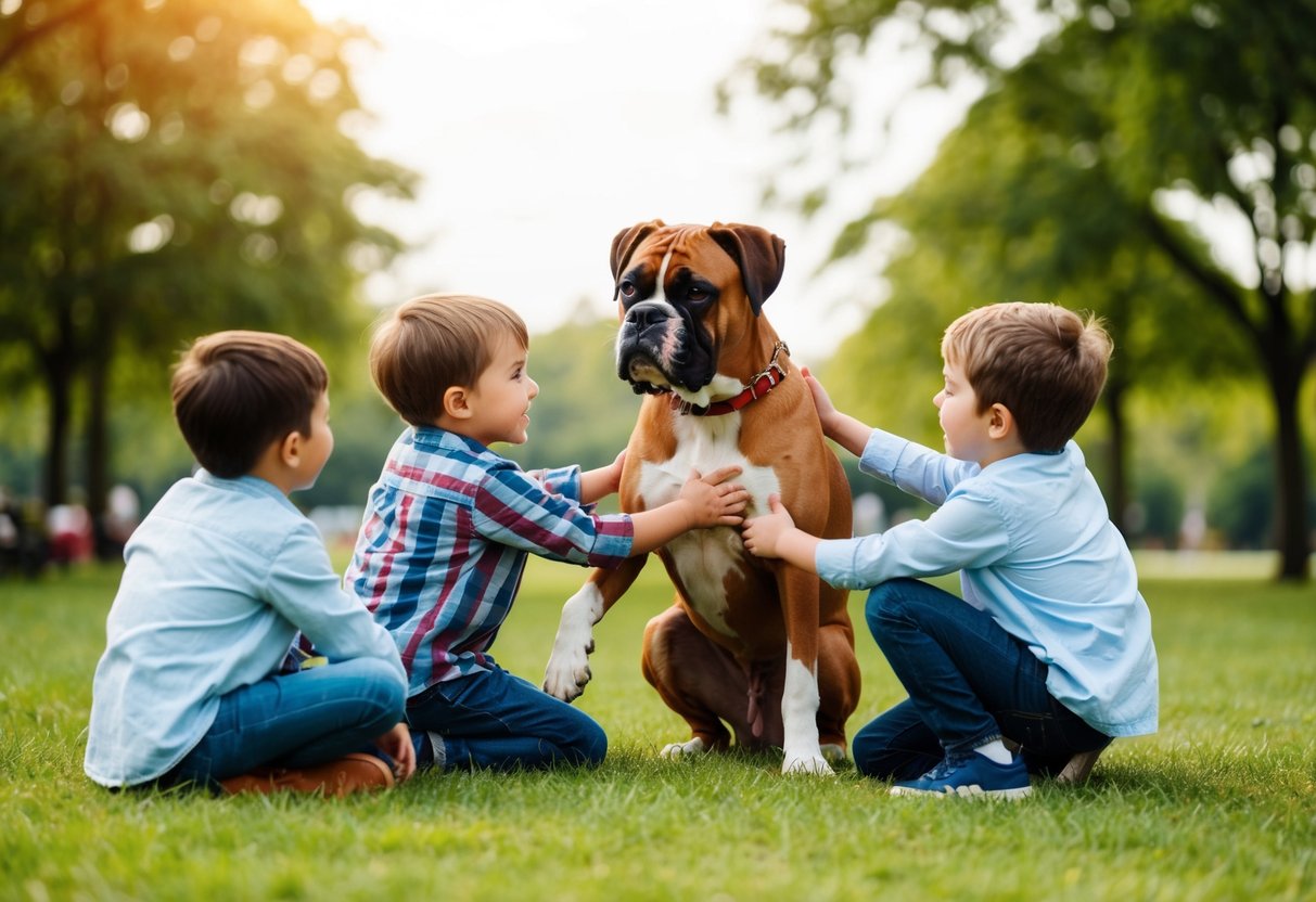 A boxer dog playing with children in a park, showing affection and loyalty