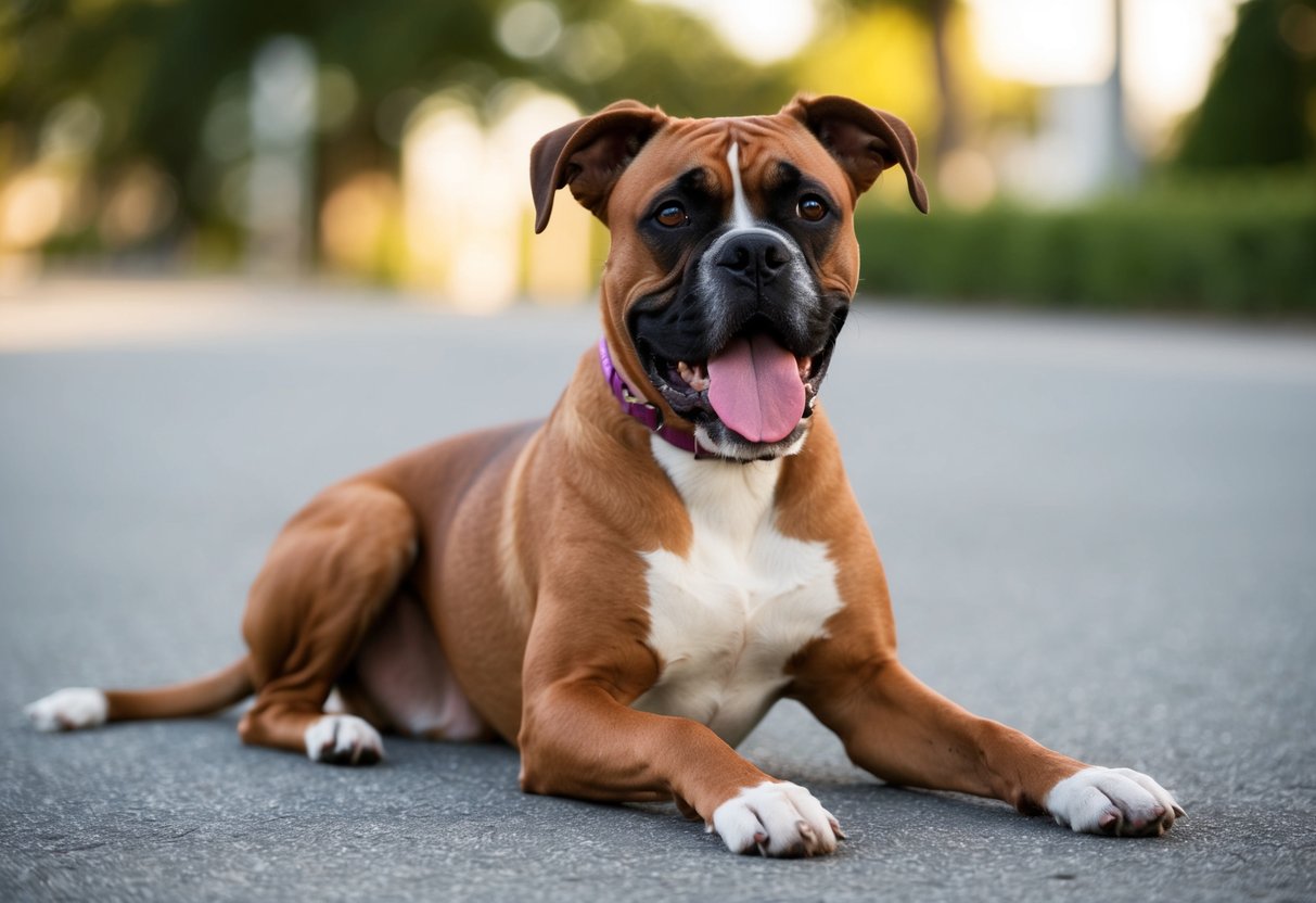 A Boxer dog sits obediently, tongue lolling, ears alert. Its muscular build and friendly expression convey its loyalty and playful nature