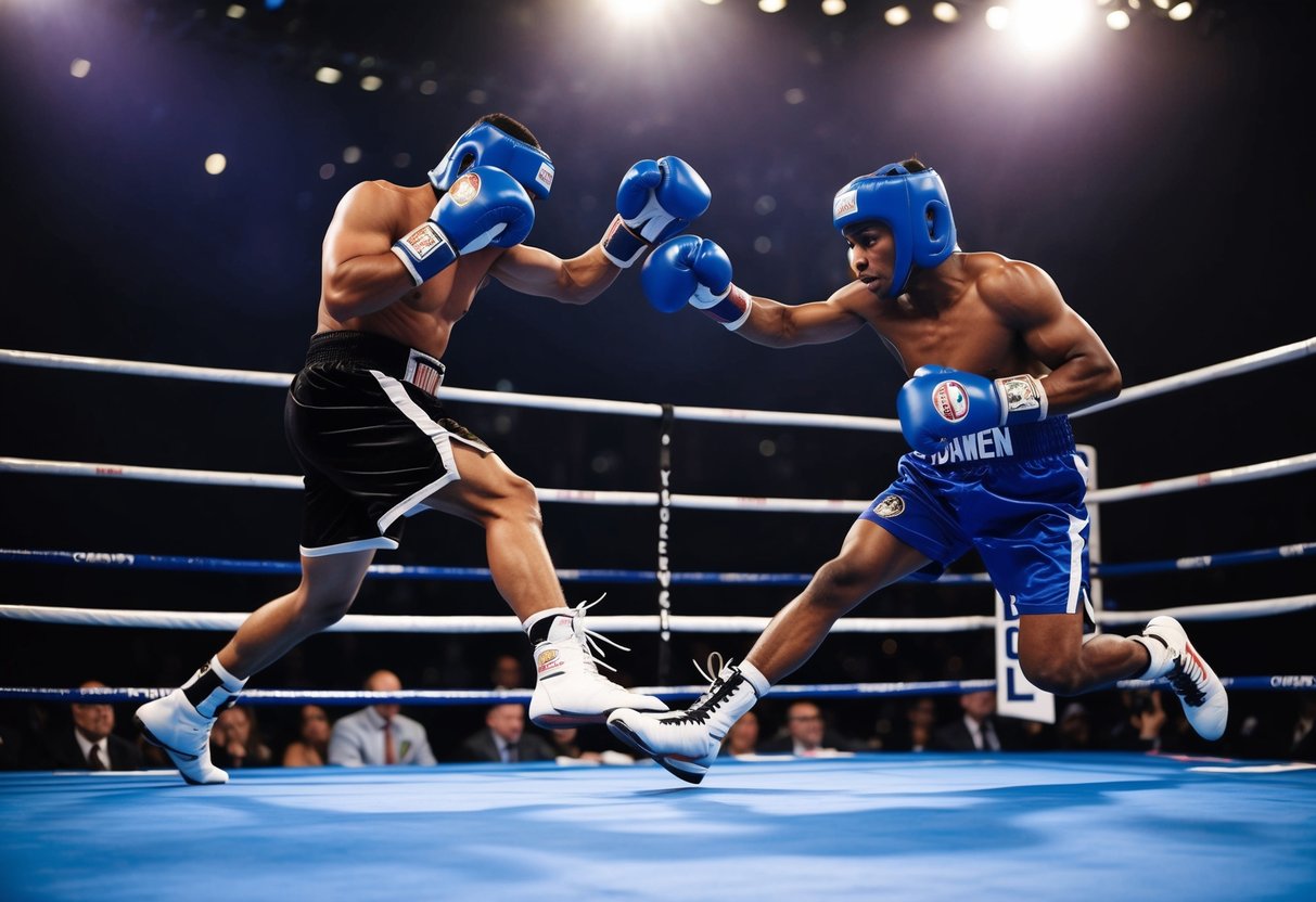 Two boxers playfully leap towards each other in a ring, their eyes locked in anticipation