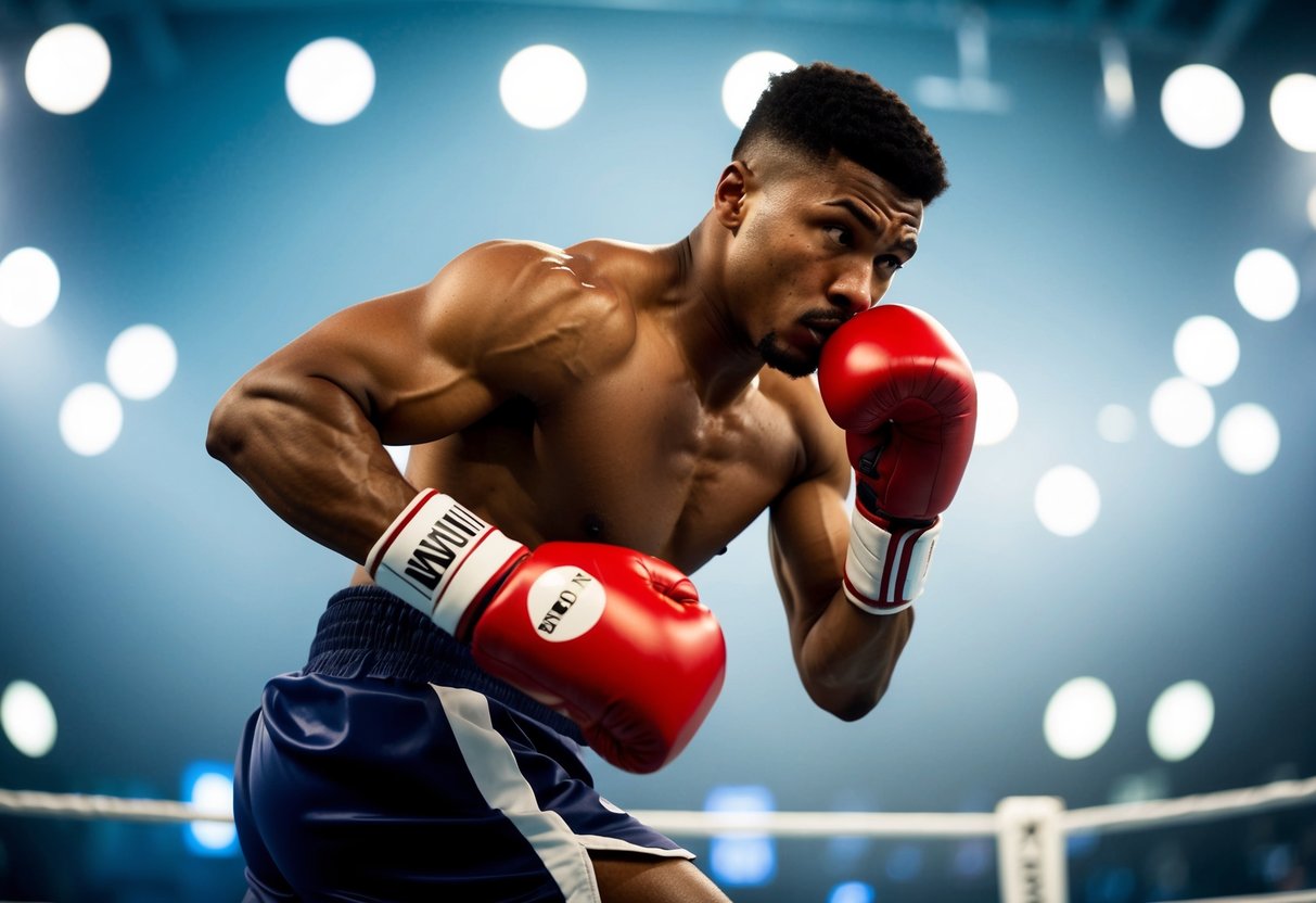 A boxer leaping forward with focused intensity, their muscles taut and their eyes locked onto their target