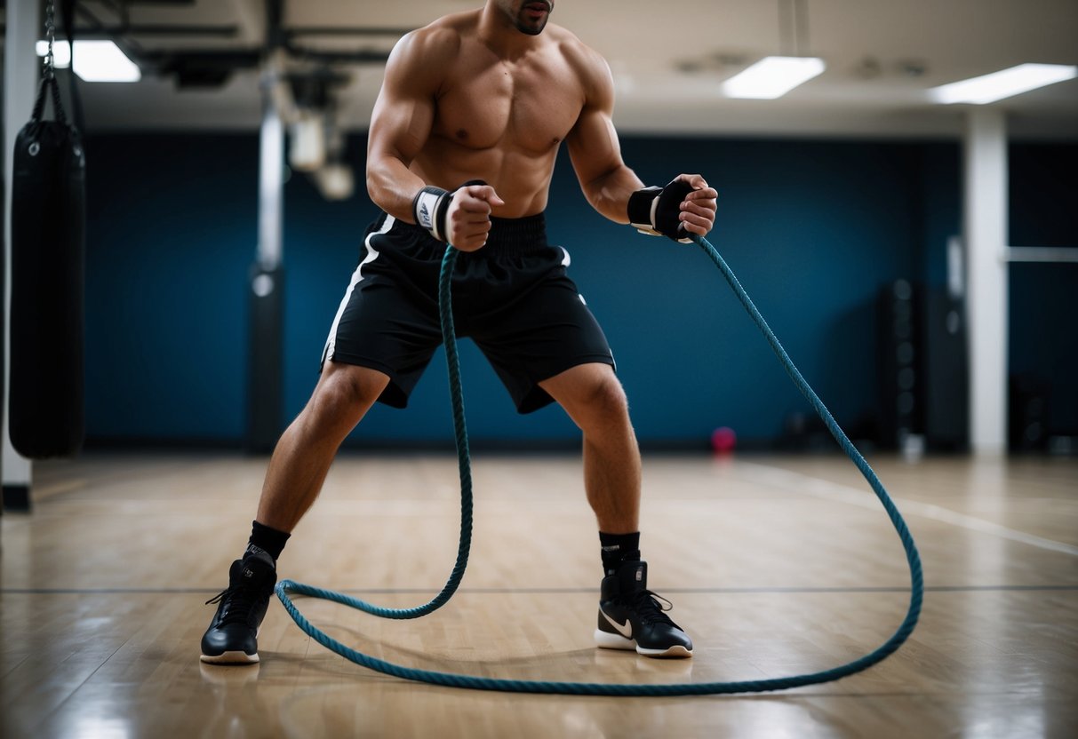 A boxer jumps rope in a gym, focused and determined, with the sound of the rope hitting the ground echoing in the background