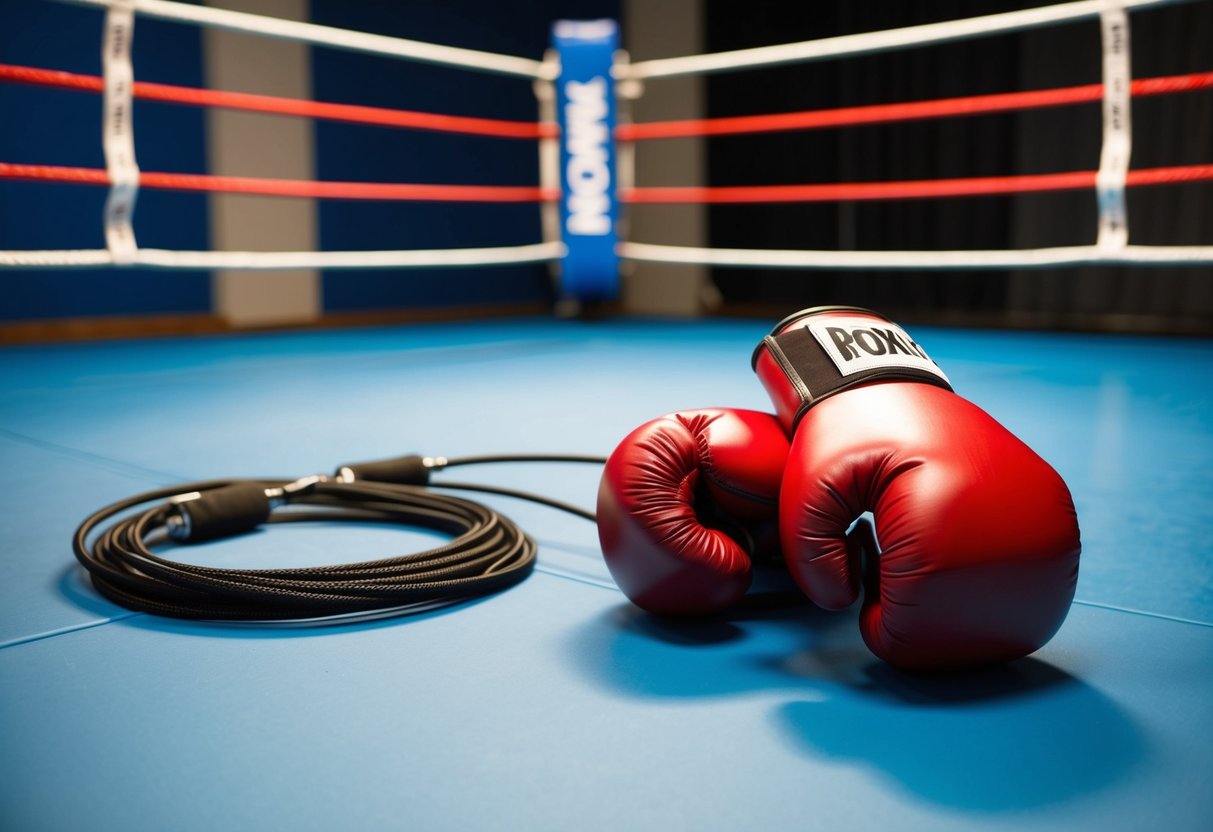 A boxing ring with a pair of gloves and a jump rope lying on the floor