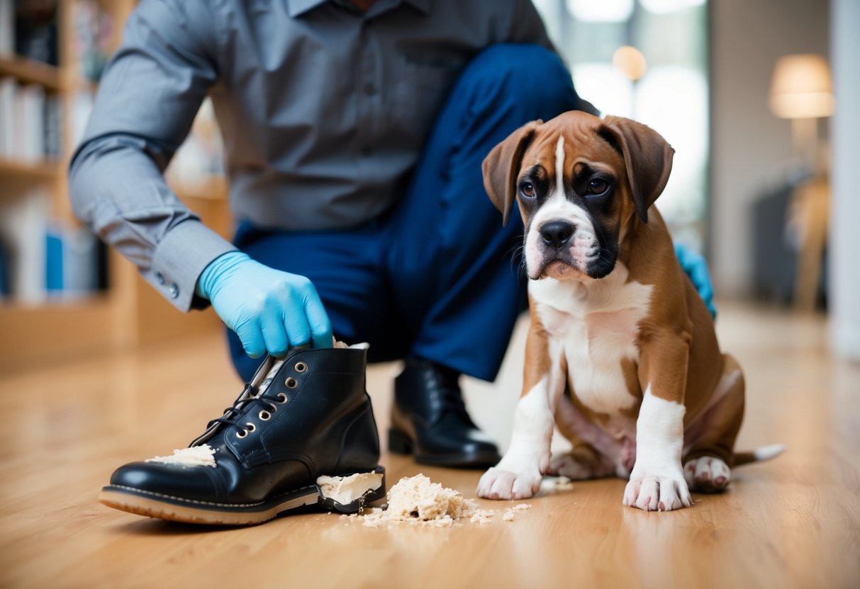 A boxer puppy sits obediently next to a chewed-up shoe, while a stern voice scolds