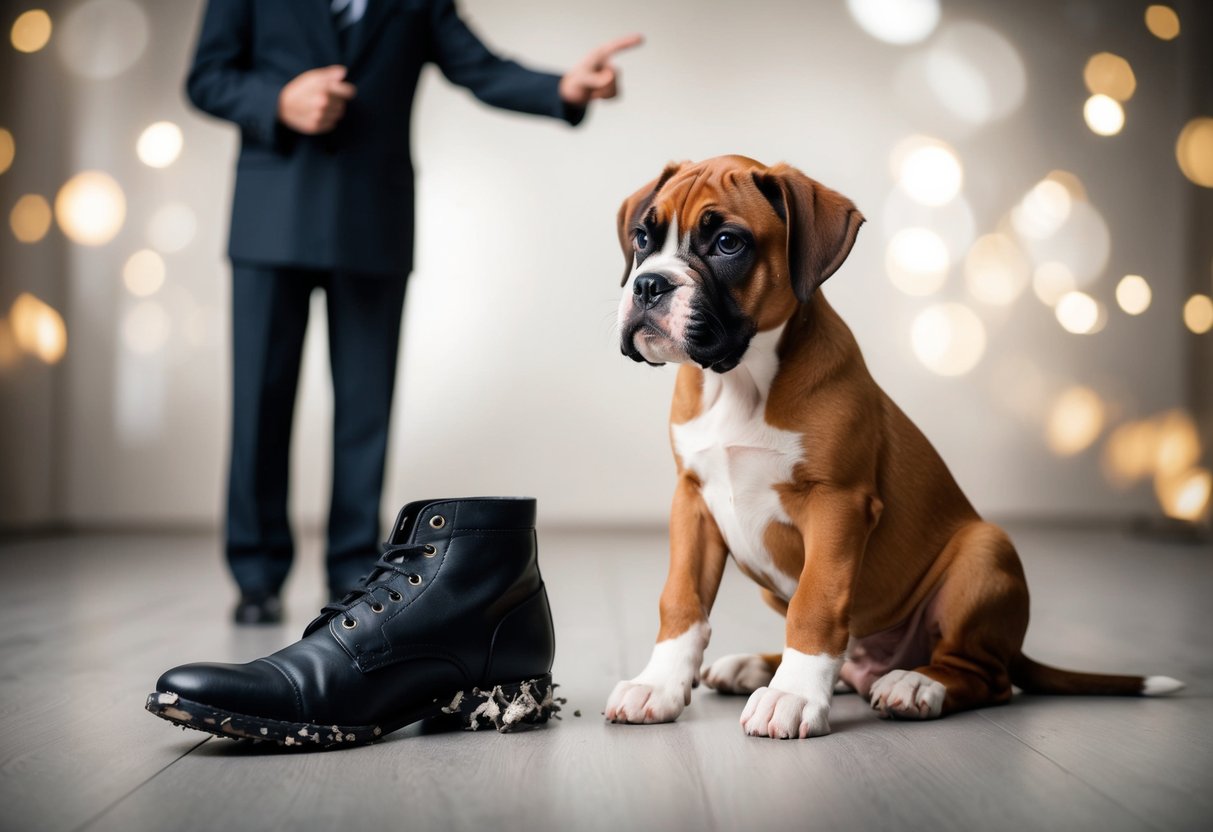 A boxer puppy sits obediently next to a chewed-up shoe, while a stern figure stands nearby with a pointed finger and a firm expression