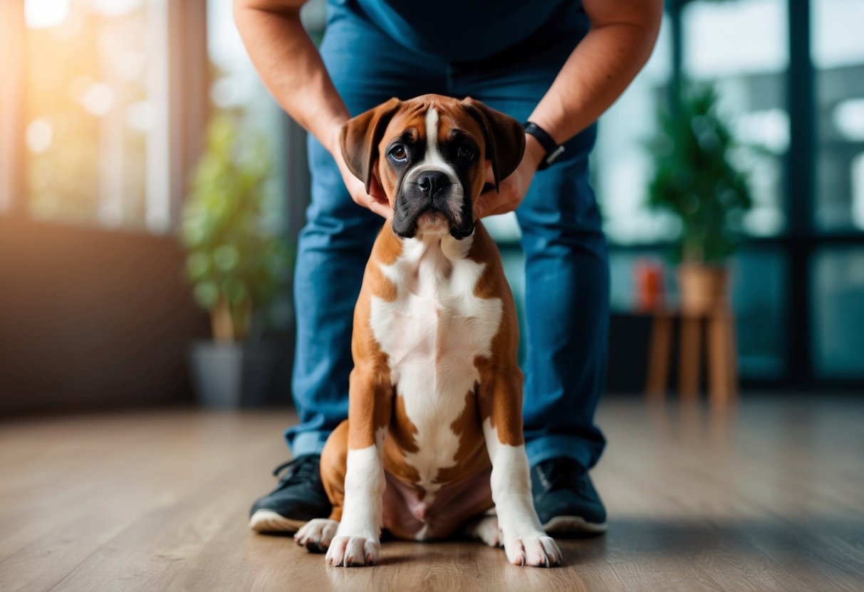 A boxer puppy sitting attentively while being trained with positive reinforcement and redirection techniques