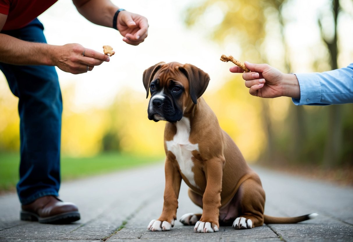 A boxer puppy sits attentively, ears perked, as a trainer holds a treat in one hand and points sternly with the other