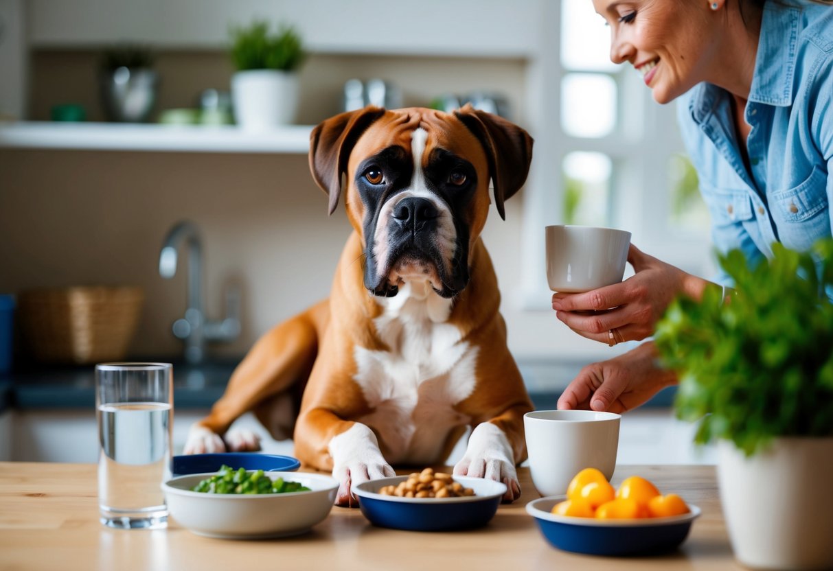 A boxer dog with a shiny coat and bright eyes, surrounded by healthy food and water, and receiving regular exercise and affection from its owner