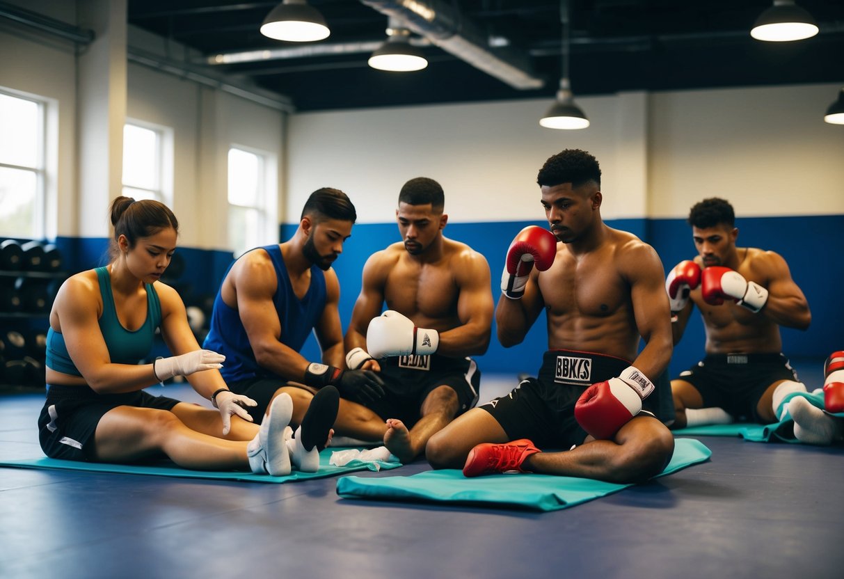 A group of boxers in a gym, some receiving medical treatment while others engage in preventive measures like stretching and using ice packs