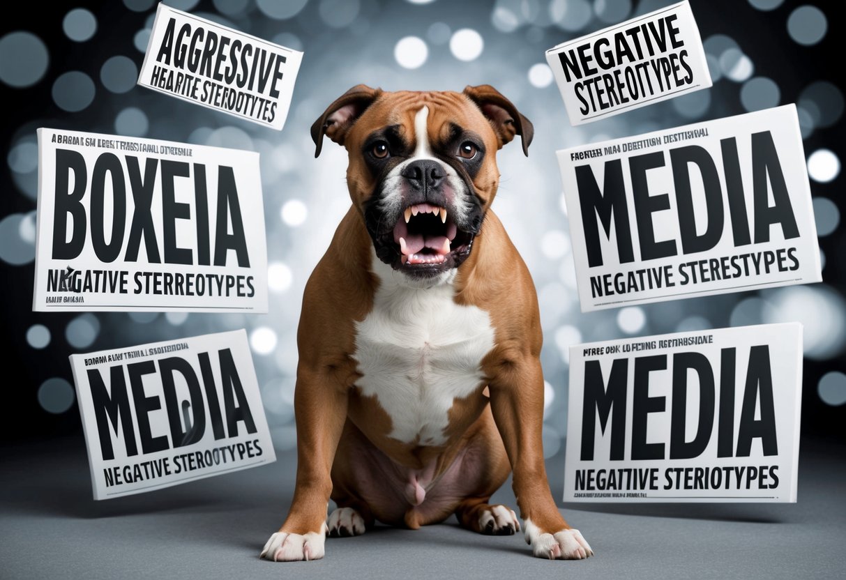 A snarling boxer dog stands defensively, surrounded by aggressive media headlines and negative stereotypes