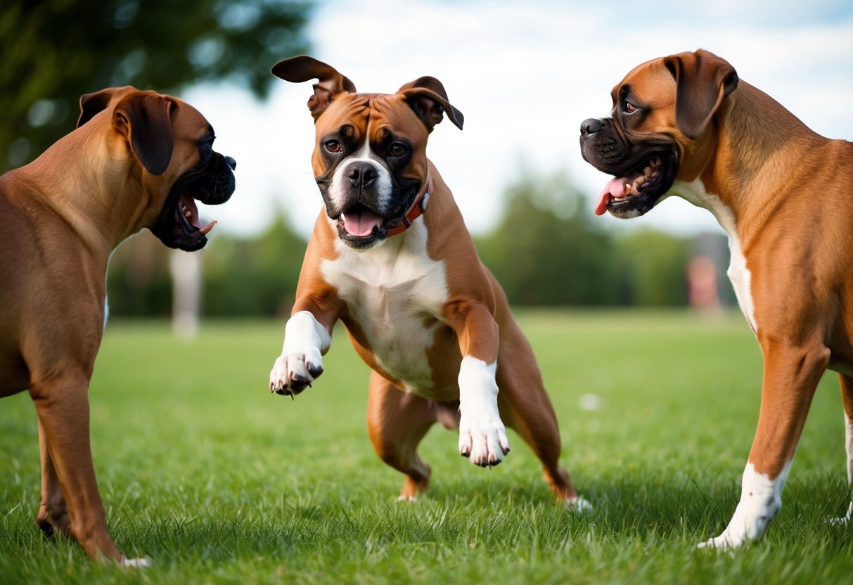 A boxer dog playfully uses its paws to communicate and interact with other canines in a lively, outdoor setting