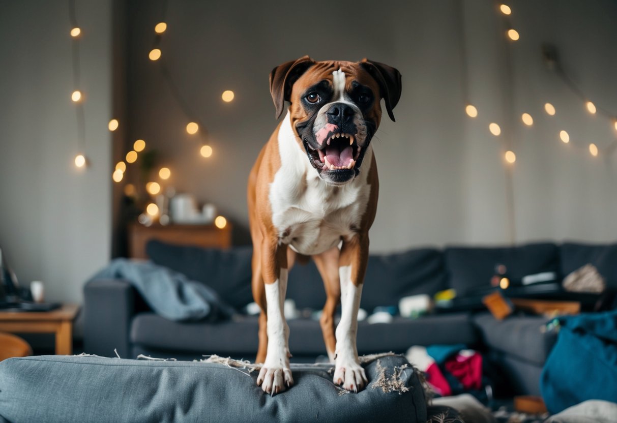 A snarling boxer dog bares its teeth, standing over a torn-up couch and scattered belongings