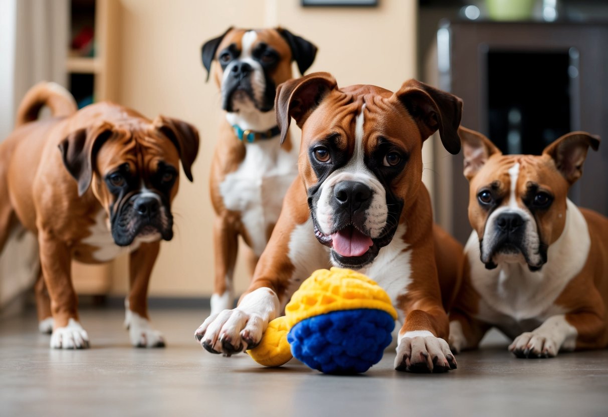 A boxer dog playfully uses its paws to interact with a toy, while other dog breeds look on with curiosity