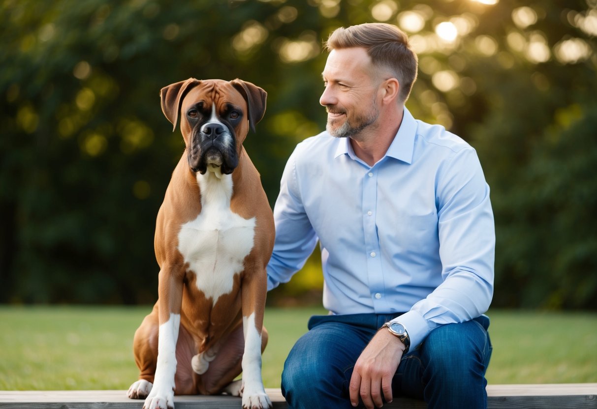 A boxer dog sitting obediently next to its owner, showing loyalty and companionship