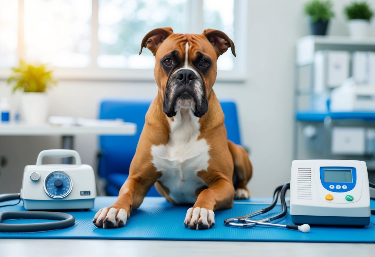 A boxer dog with a sad expression, surrounded by medical equipment and a vet's office, illustrating the health issues affecting the breed