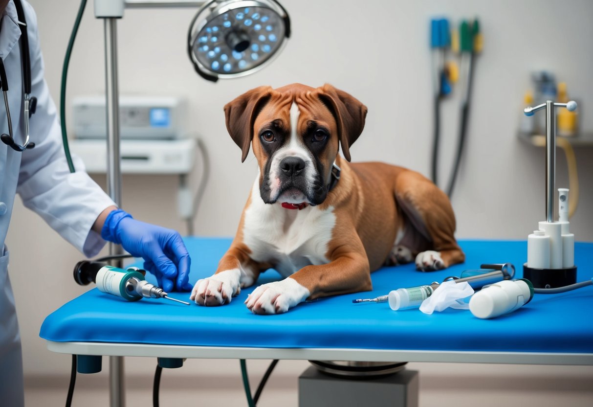 A young boxer dog lying on a veterinarian's examination table, surrounded by medical equipment and receiving a spaying procedure