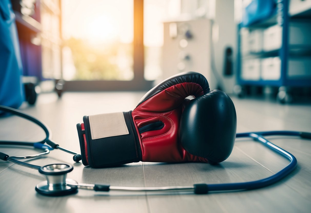 A boxing glove lying on the floor, surrounded by medical equipment and a doctor's stethoscope