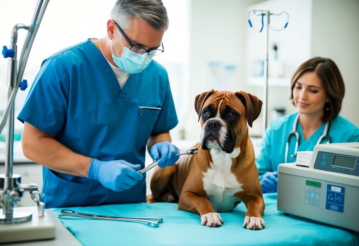 A veterinarian performing a spay surgery on a boxer dog, with medical equipment and an assistant nearby