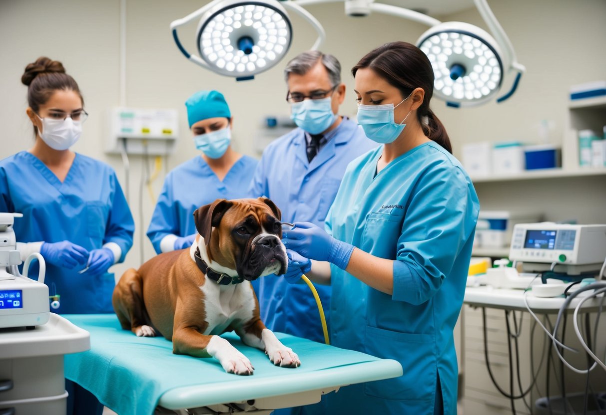 A veterinarian performing a spaying surgery on a boxer dog, surrounded by medical equipment and assistants