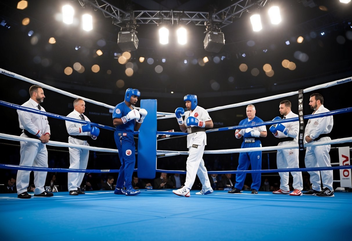 A boxing ring with medical staff, safety equipment, and a focus on head protection