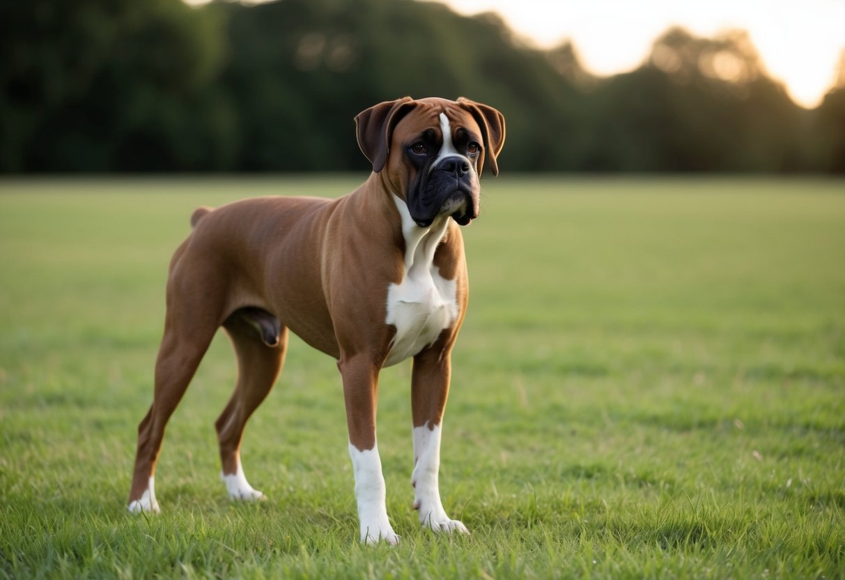 A fully grown female boxer dog standing confidently in a grassy field, with a muscular and powerful build