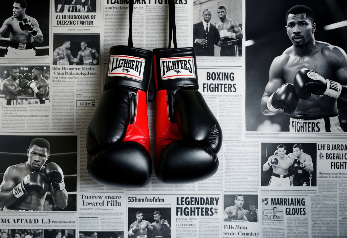 A pair of boxing gloves hangs solemnly on a wall, surrounded by newspaper clippings and photos of legendary fighters