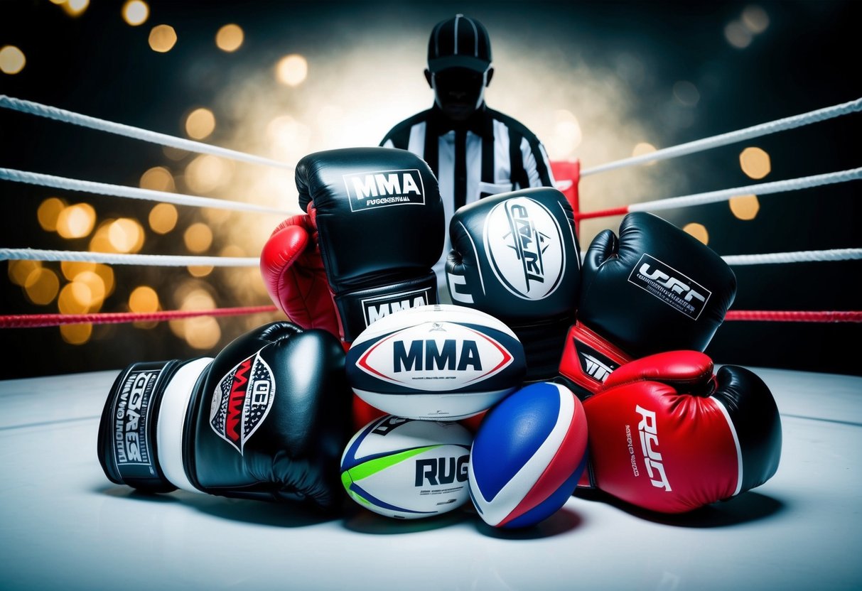 A chaotic collision of boxing gloves, MMA gloves, and rugby balls, with a looming shadow of a referee