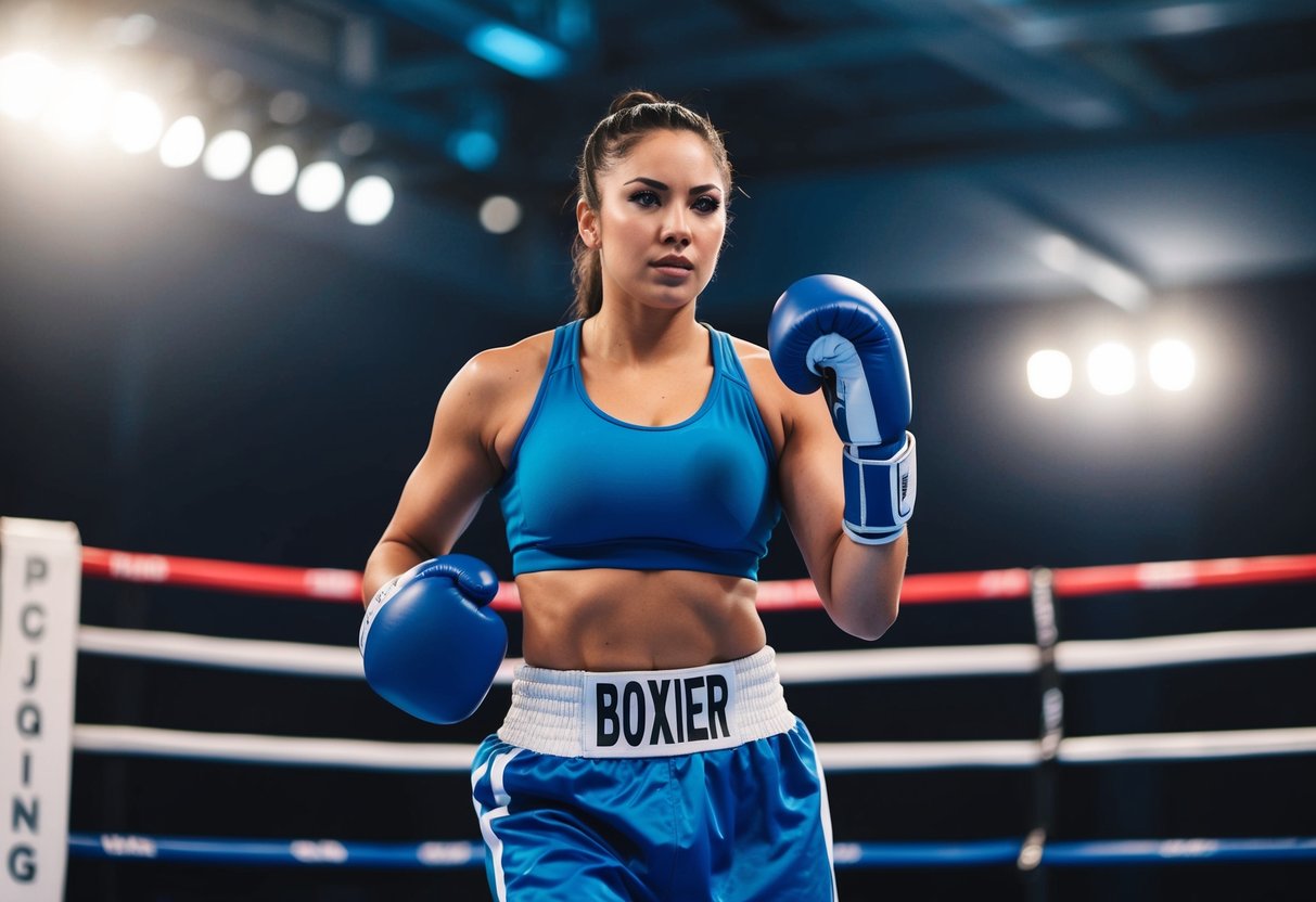 A female boxer in her mid-20s, standing confidently in the boxing ring, displaying strength and agility in her movements
