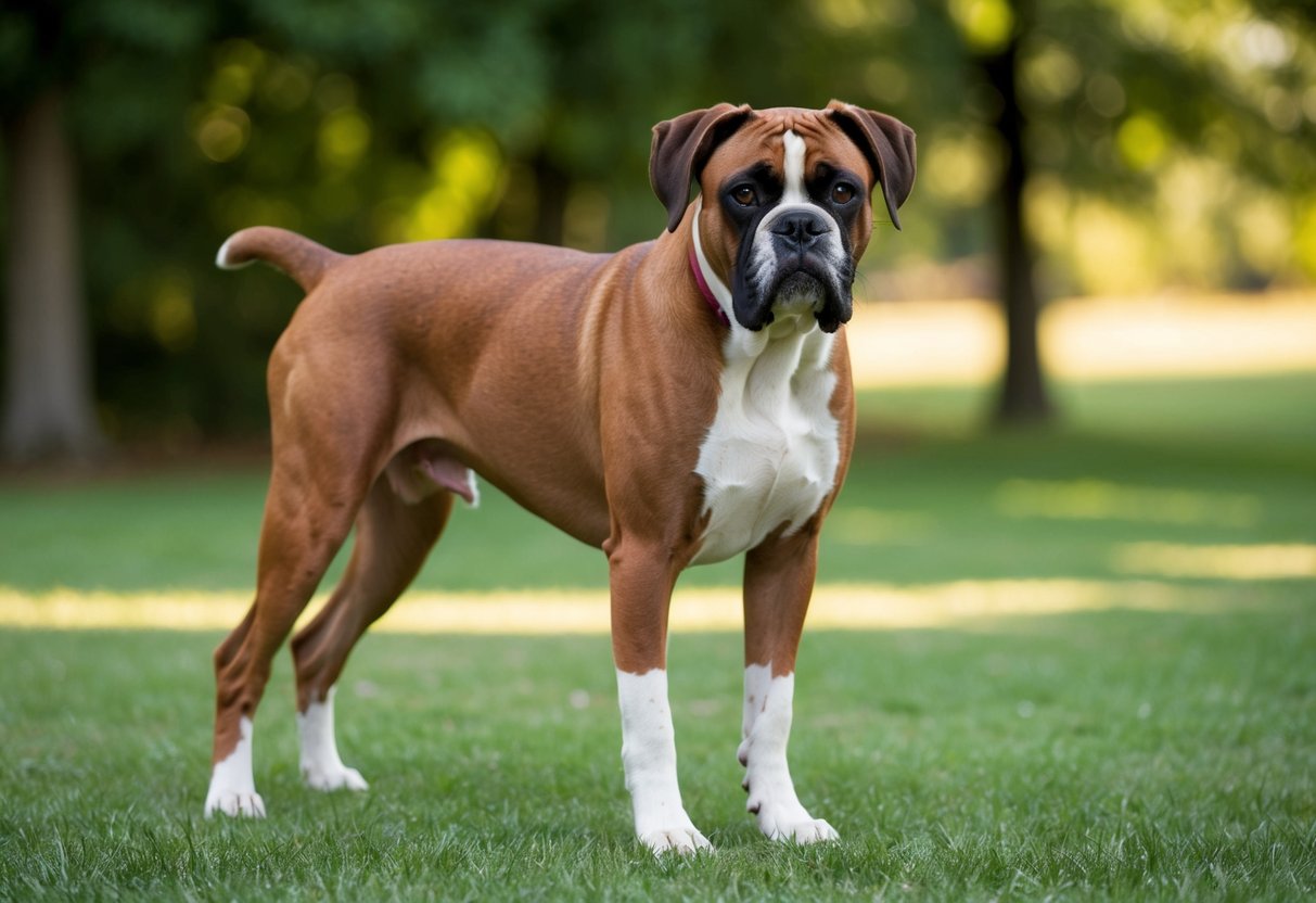 A female boxer dog stands proudly at full size, her muscular frame and glossy coat indicating she has reached adulthood
