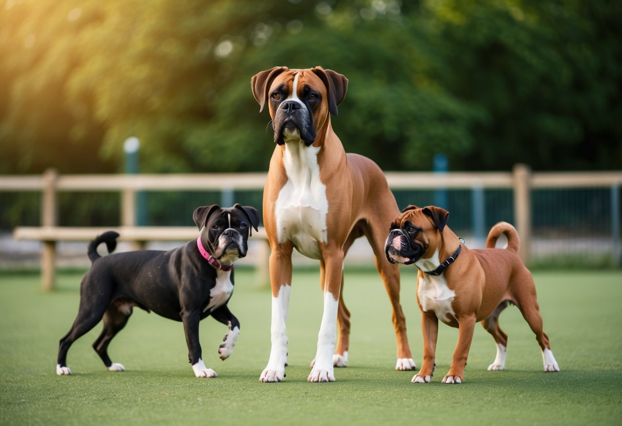 A fully grown female boxer confidently trains and socializes with other dogs at a spacious outdoor dog park