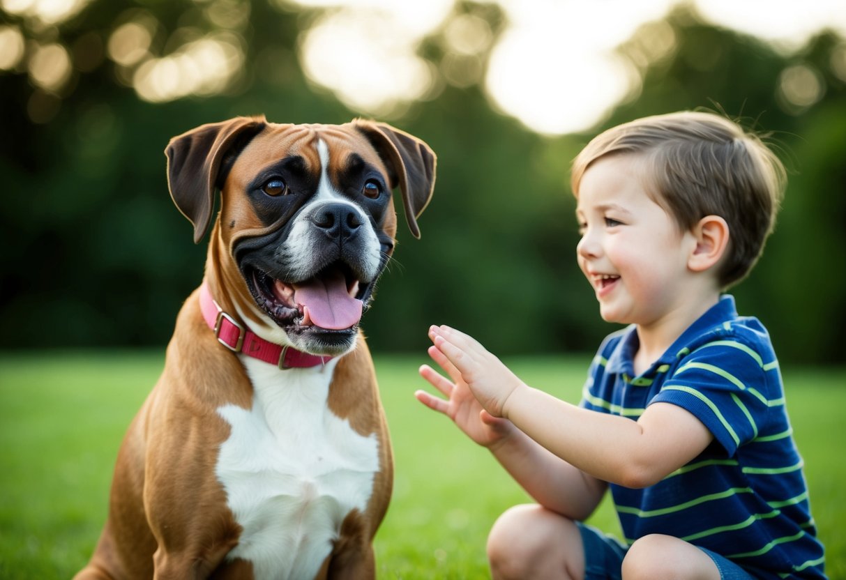 A happy Boxer dog wagging its tail, greeting a child with a big smile
